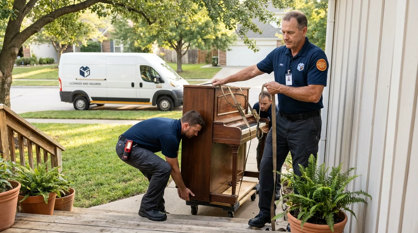 Licensed piano movers securing grand piano in Silverthorne, CO